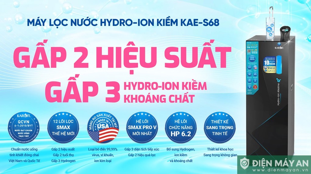 Máy lọc nước RO Hydro-ion kiềm Karofi KAE-S68 12 lõi